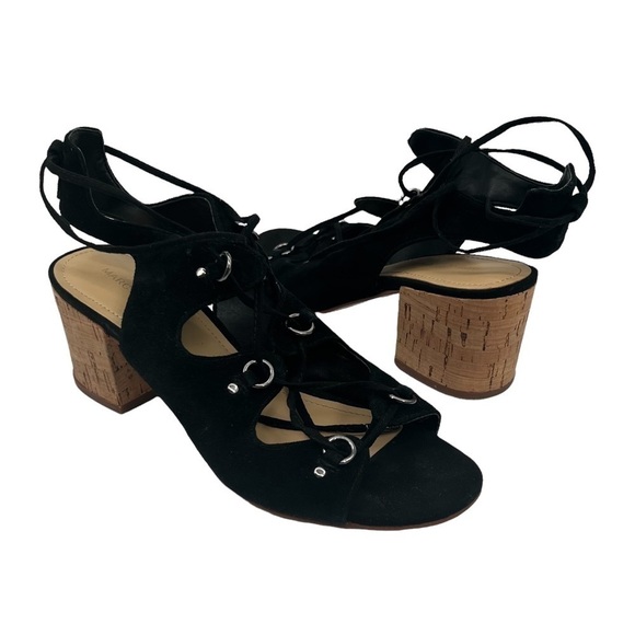 Marc Fisher Black Rivva Suede Lace Up Block Heel Sandals Size 9 Women’s - Picture 1 of 9